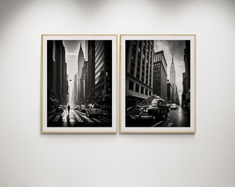 New York street,Set of 2 Printable Travel Wall Art for Home and Gallery Decor,Black and White