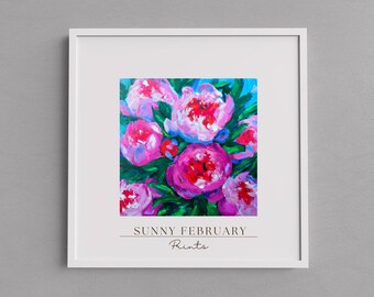 Puede incluir: Una impresión enmarcada de una pintura que representa un ramo de peonías rosas y rojas con hojas verdes. La pintura se titula "Sunny February Prints".