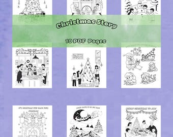 May include: A black and white coloring book with 10 pages featuring a Christmas story. The cover shows a decorated Christmas tree with presents underneath. The title "Christmas Story" and "10 PDF Pages" are written in black text.