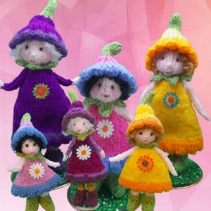 Könnte beinhalten: Fünf gestrickte Blumenfeen mit verschiedenen farbigen Kleidern und Hüten. Die Feen stehen auf einer grün-silbernen Glitzerfläche.
