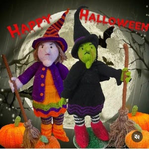 May include: Two knitted witch dolls with brooms and orange pumpkins. One doll wears a purple jacket and orange dress with a striped hat. The other has a green face, black dress, and black hat. The text "HAPPY HALLOWEEN" appears in red letters.