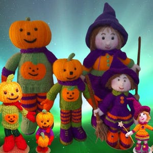 May include: A group of knitted Halloween decorations, including a witch, a pumpkin, and a small witch with a broom. The decorations are all made with orange, green, purple, and black yarn.