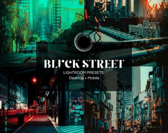 May include: A collage of city scenes with various color tones. The text "BLICK STREET" is displayed in white, along with "LIGHTROOM PRESETS" and "Desktop + Mobile". The images showcase urban landscapes with different lighting and color grading.