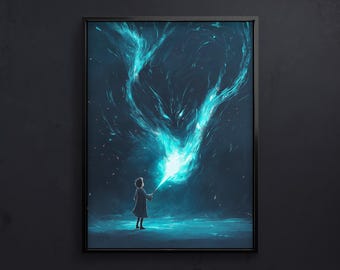 Póster del mago mágico | Ilustración mística con varita mágica y energía brillante | Decoración de pared para fanáticos de la fantasía y la magia.