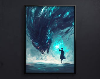Póster de duelo mágico | Ilustración de fantasía épica con mago y criatura mística | Decoración de pared para fanáticos de la magia y la aventura.