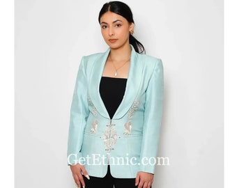 Women Bespoke Powder Blue Embellished Blazer Russian Silk Shawl Lapel Single Breasted Custom Made Wedding Cocktail Prom Party Jacket