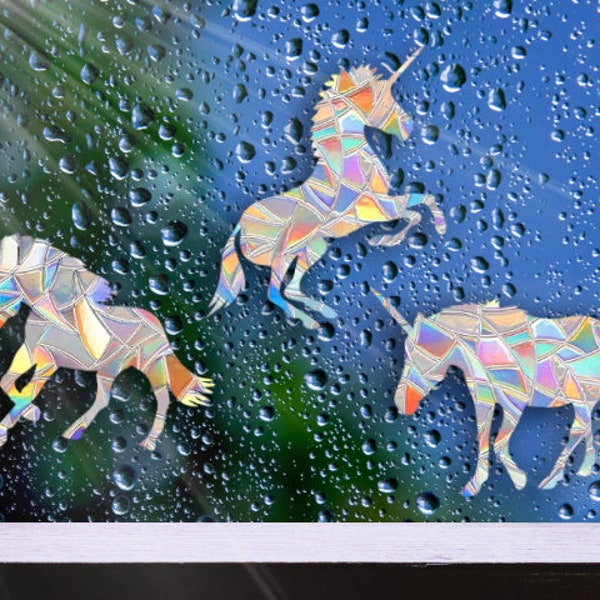 3 Unicorn Suncatcher Sticker Set, Holographic Window Cling Ornament, Rainbow Maker Sticker