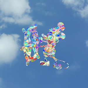 May include: A colourful, stained glass silhouette of Mickey Mouse and a friend against a blue sky with white clouds.