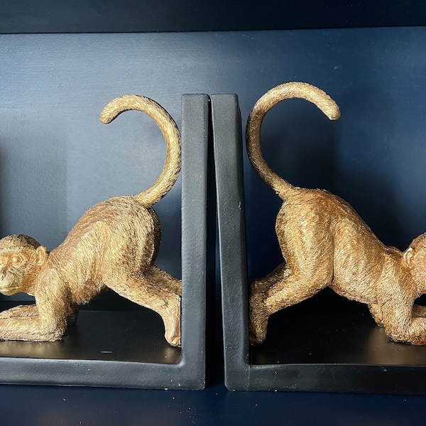 Pair of Cheeky Monkey Gold and Black Resin Monkey Bookends