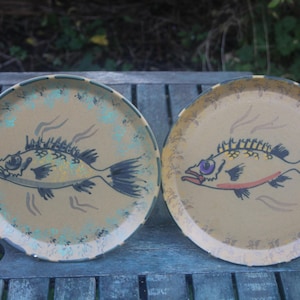 2 Vintage Honiton Painted Fish Plate Nautical Mid Century Art Pottery