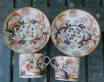 2 Antique Cup Saucer John Rose Coalport Candlelight Vine Imari Georgian Gilded