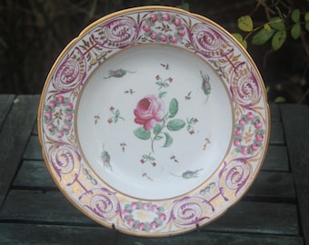 Antique Georgian Plate John Rose Coalport C. 1815 Handpainted Flower Pink Rose Gilded Dish