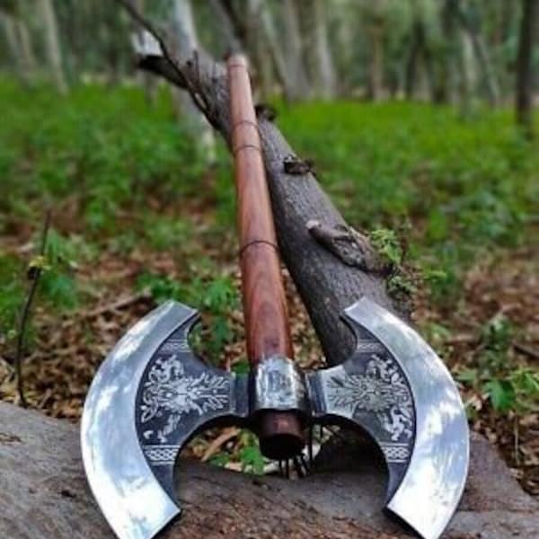 Custom handmade Double Head Hand forged Viking Axe with Carbon Steel Blade and Rosewood handle, Gift for Men, Gift