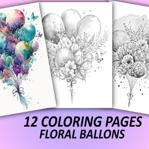 12 Flower balloon coloring pages, Grayscale floral coloring pages, Printable adult coloring pages, Digital download coloring book pdf file