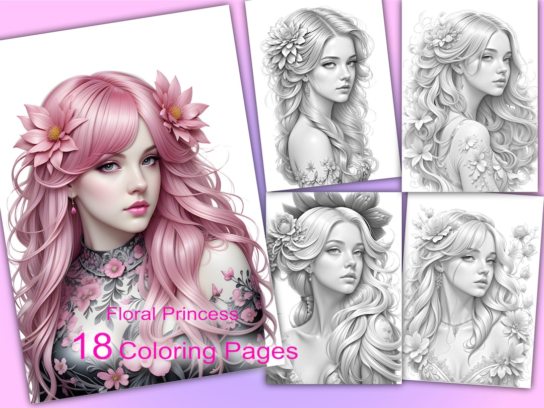 18 Greyscale Floral Princess Coloring Pages Queen Coloring - Etsy