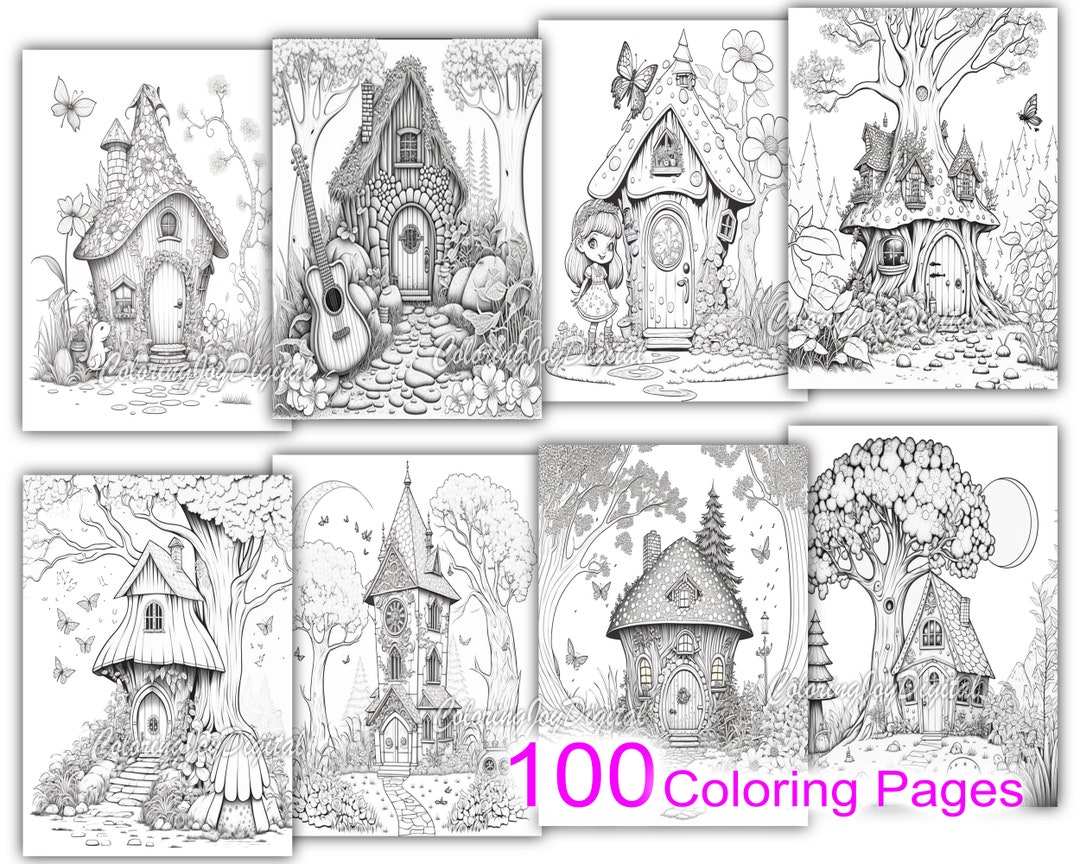 100 Fairy Houses Coloring Pages, Grayscale Coloring Pages, Fairy Garden ...