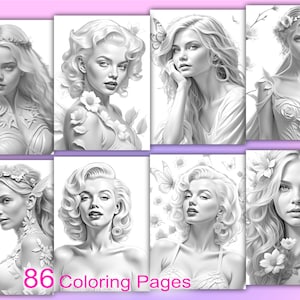 86 Grayscale coloring pages, Fantasy flower fairy women printable adult coloring pages, Girl portrait coloring book, PDF coloring pages
