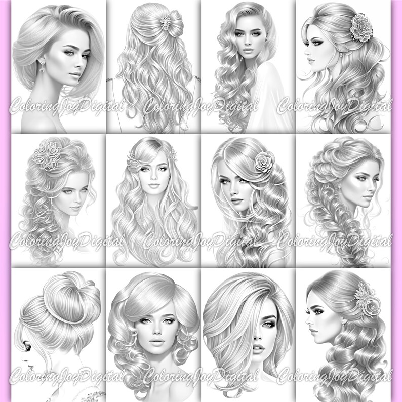 Hairstyle Romantic Coloring Book for Adults, 48 Grayscale Coloring ...