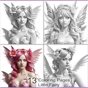 13 Fairy Princess coloring pages, Grayscale coloring, Printable Adult Coloring Pages, Pdf coloring page book, Digital download, Illustration