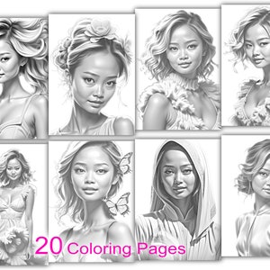 20 Grayscale coloring pages, Fantasy oriental girl women printable adult coloring pages, Girl portrait coloring pages, PDF coloring pages