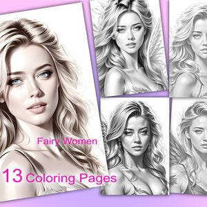 13 Women portrait coloring, Grayscale coloring page, Printable Adult Coloring Pages, Pdf coloring page book, Digital download, Illustration