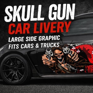 Décalcomanie de livrée de voiture pistolet tête de mort - grand habillage graphique côté véhicule, décalcomanie en vinyle tête de mort personnalisée pour fourgonnette de voiture, graphismes de voiture JDM Drift Style