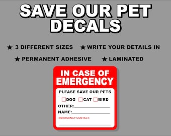 Pet Emergency Rescue Sticker, Save Our Pets, In Case of Emergency, Pet Decal, Pet Safety