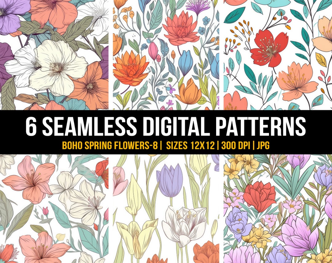 Spring Summer Boho Floral Print Seamless Pattern, Spring Flower Digital ...