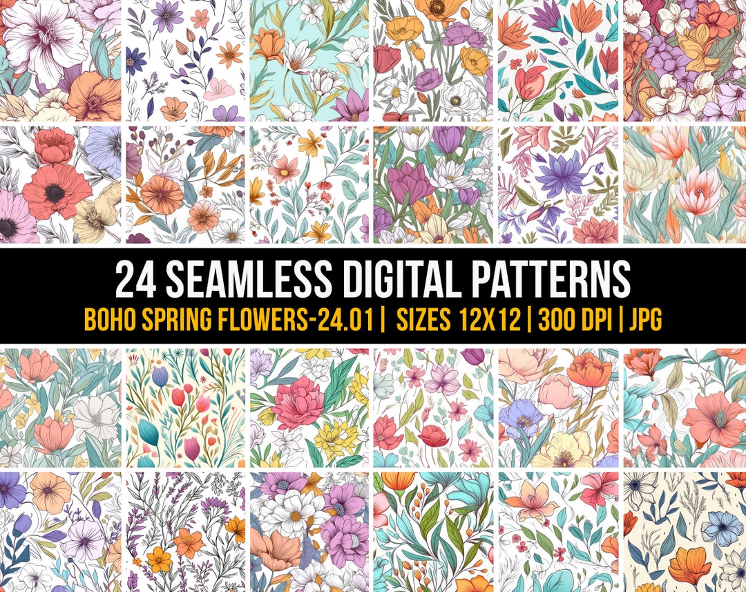 Spring Summer Boho Floral Print Seamless Pattern, Spring Flower Digital ...