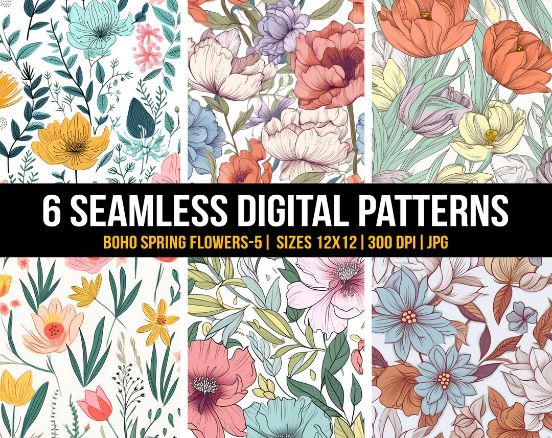 Spring Summer Boho Floral Print Seamless Pattern, Spring Flower Digital ...