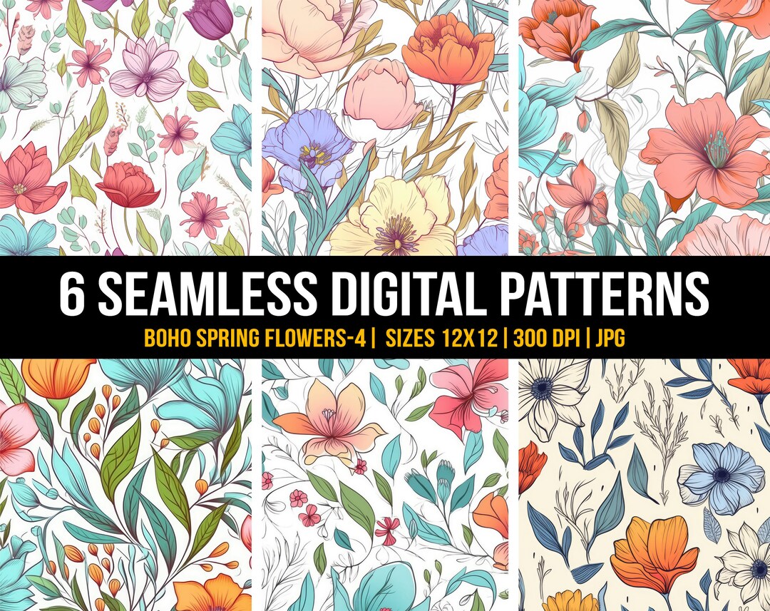 Spring Summer Boho Floral Print Seamless Pattern, Spring Flower Digital ...