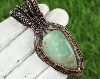 Colgante de crisoprasa envuelto en alambre, collar de cobre con piedra preciosa natural, joyería artesanal de Jaipur.