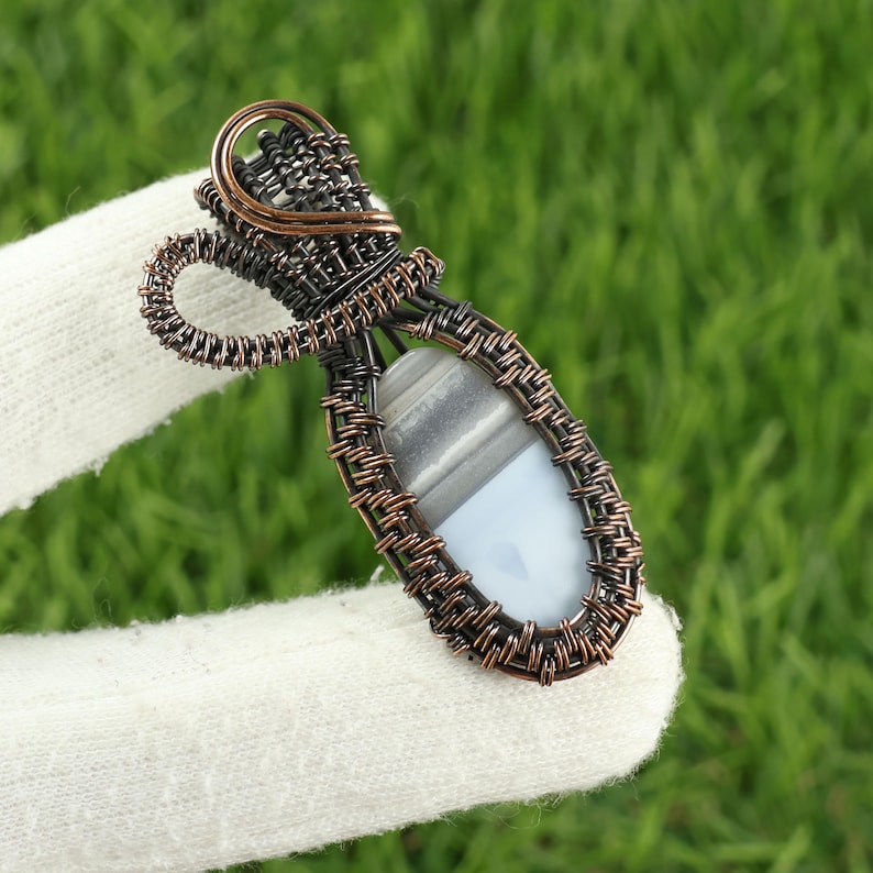 Banded Agate Copper Wire Wrapped Pendant, Handmade Gemstone Jewelry ...