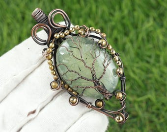 Prehnit Baum des Lebens Kupfer Anhänger, Handgemachter Draht Gewickelt Boho Schmuck