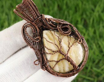 Aragonite Tree Of Life Pendant, Copper Wire Pendant, Yellow Aragonite Gemstone Jewelry, Wire Wrapped Gemstone Pendant, Handmade Gift For Her