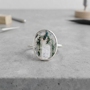 Natural Moss Agate Ring, Oval Green Agate Statement Ring, Sterling Silver or Copper Setting, Botanical Jewelry, Nature Inspired Gemstone