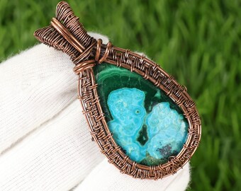 Malachite Chrysocolla Copper Wire Wrapped Pendant, Natural Gemstone Jewelry