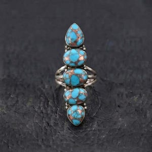 Copper Turquoise Ring, Multi Stone Statement Ring, Stacked Gemstone Ring, Boho Chic Jewelry, Southwestern Style Ring, Long Finger Ring,