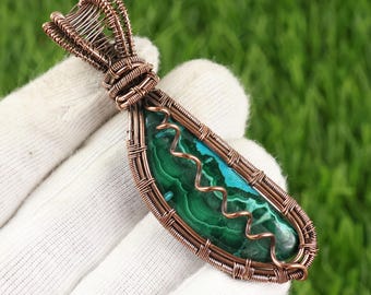 Chrysocolla Malachite Pendant, Copper Wire Pendant, Designer Pendant Jewelry, Copper Malachite Gemstone Pendant,  Chrysocolla Pendant Gifts