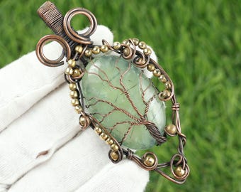 Baum des Lebens Prehnit Kupfer Anhänger, Wire Wrapped Edelstein, Kupfer Designer Anhänger, Geschenk für sie ihr Prehnit Anhänger Kupfer Schmuck Geschenk