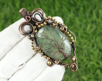 Baum des Lebens Prehnit Edelstein Anhänger, Kupfer Designer Wire Wrapped Anhänger, seltene Prehnit Schmuck, handgemachte Halskette, Geschenk für ihre Mutter