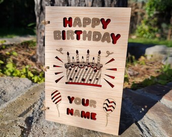 Tarjeta de felicitación de cumpleaños, regalo especial para felicitar. Tarjeta de madera personalizada con interior de cartulina.