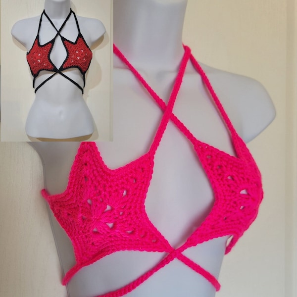 Handmade Crochet Star Top, Crochet Bikini, Strappy Halter Top, Festival Bralette, Lace-Up Rave Bra, Choose Size and Color, Made To Order