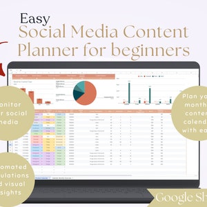 Könnte beinhalten: Ein Laptop-Bildschirm zeigt eine Google Sheets-Tabelle mit einem Content-Kalender, Diagrammen und Grafiken. Der Text "Easy Social Media Content Planner for beginners" befindet sich oben auf dem Bildschirm. Der Text "Monitor your social media" befindet sich in einem Kreis auf der linken Seite des Bildschirms. Der Text "Automated calculations and visual insights" befindet sich in einem Kreis unten links auf dem Bildschirm. Der Text "Plan your monthly content calendar with ease" befindet sich in einem Kreis auf der rechten Seite des Bildschirms. Der Text "Google Sheets" befindet sich unten auf dem Bildschirm.