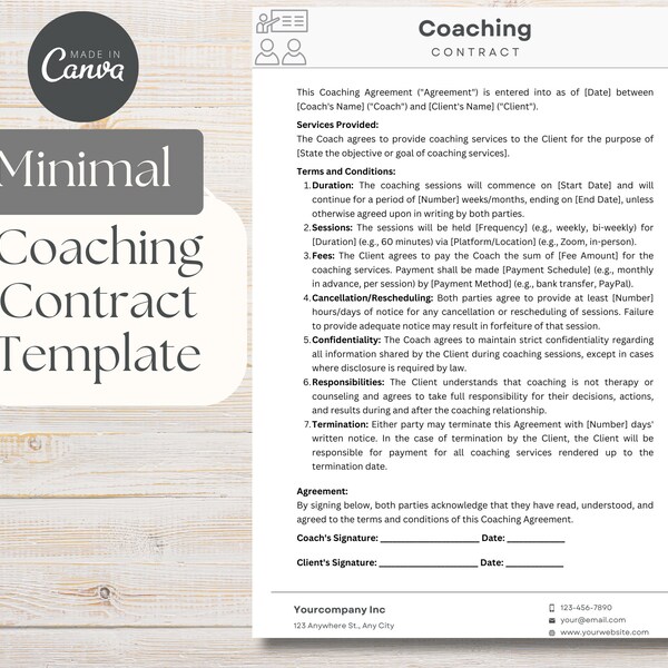 Minimalist Coaching Contract Template Minimal Aesthetic Contract Form Coaches Contract and Agreement Templates Canva Template Coach Contract