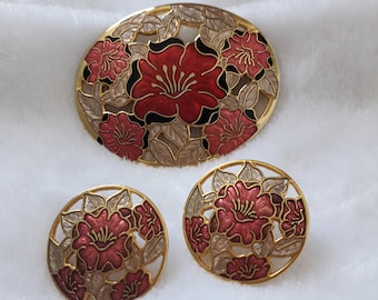 Vintage fish and crown cloisonne enamel brooch and earring set