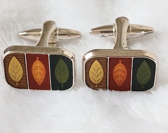 Vintage enamel Autumn leaf cufflinks in silver tone