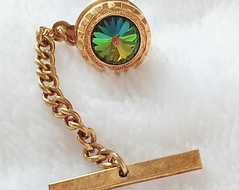 Vintage 1970s watermelon Rivoli rhinestone tie tack with chain