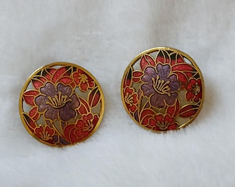 Vintage large pair of cloisonne flower pierced earrings in gold tone