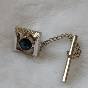 Vintage silver tone tie tack and chain with blue stone
